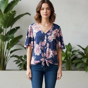 Emi & Joe M Top Blue Purple Floral Flutter Cottage Boho Coquette Bloom Soft Girl